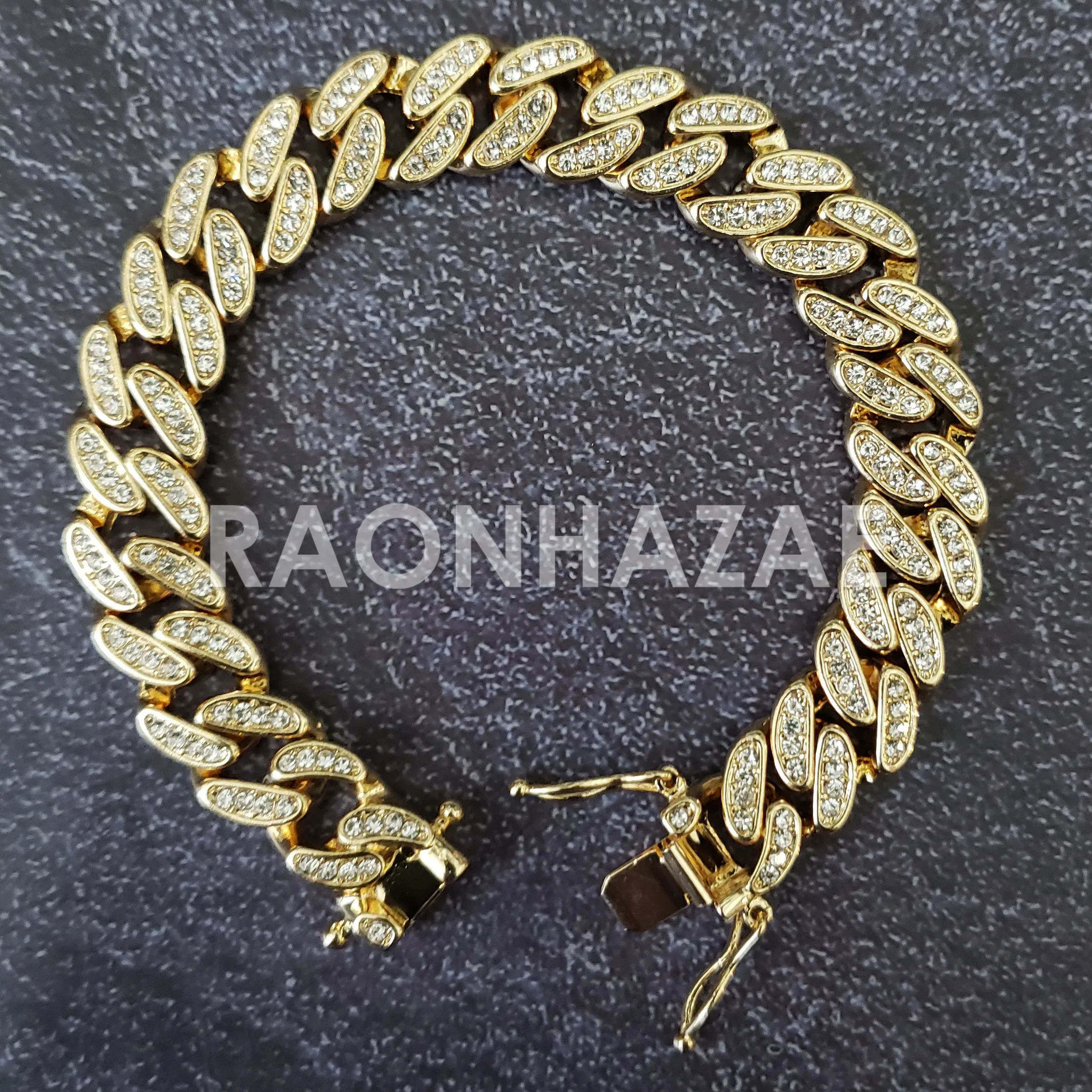 Raonhazae Hi Hop Iced Lab Diamond Meek Mill Drake Blue Face 14K Gold Plated Watch with 12mm Cuban Link Bracelet Set
