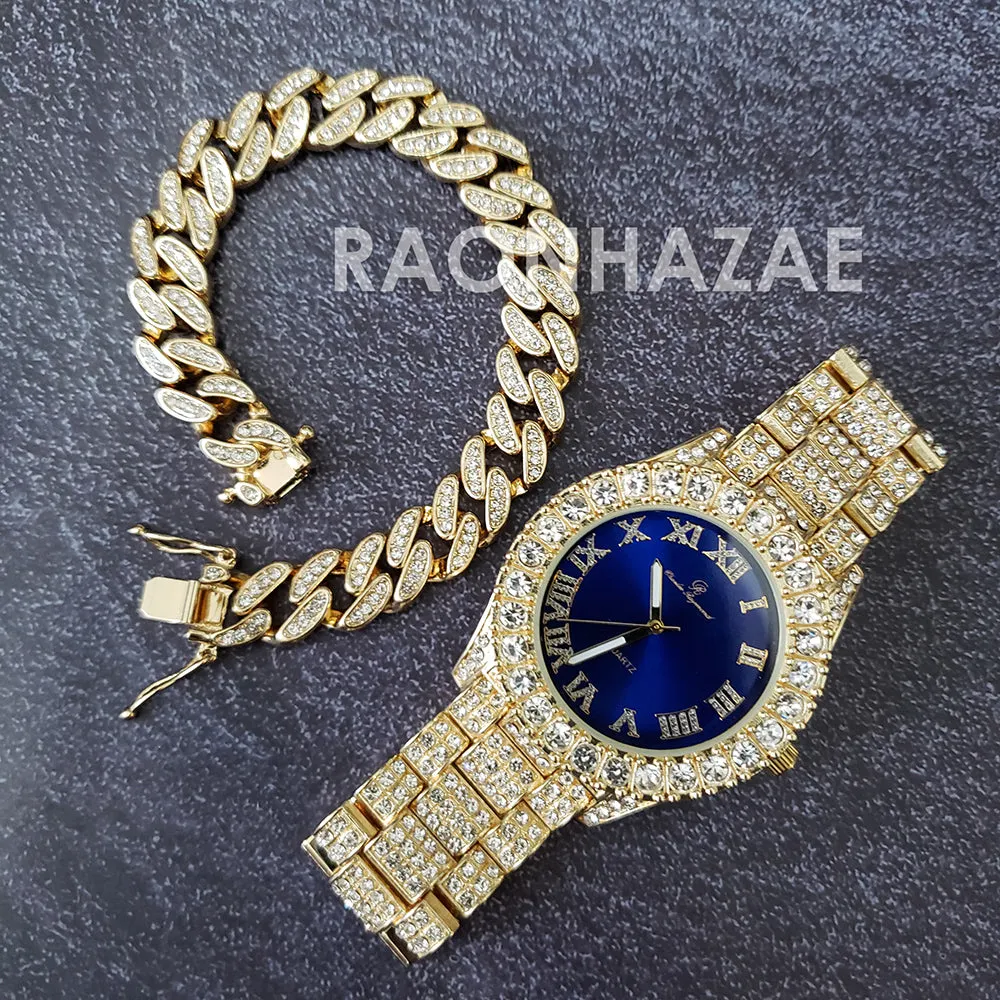 Raonhazae Hi Hop Iced Lab Diamond Meek Mill Drake Blue Face 14K Gold Plated Watch with 12mm Cuban Link Bracelet Set