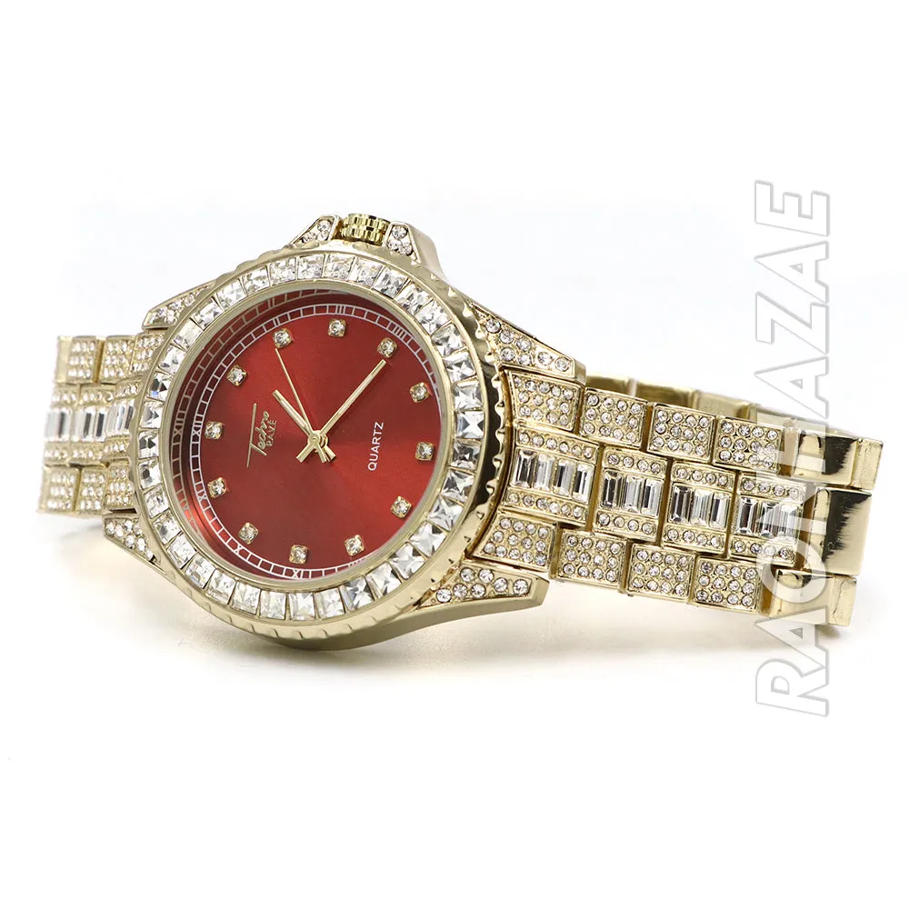 Raonhazae Hip Hop Iced Lab Diamond 14K Gold /Red Plated Watch with Stone