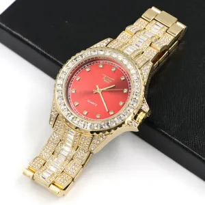 Raonhazae Hip Hop Iced Lab Diamond 14K Gold /Red Plated Watch with Stone