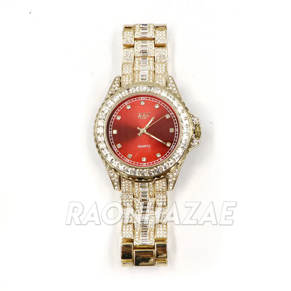 Raonhazae Hip Hop Iced Lab Diamond 14K Gold /Red Plated Watch with Stone