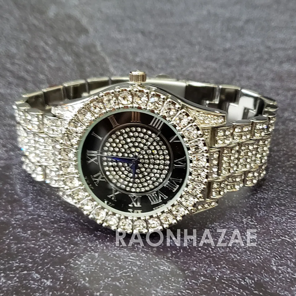 Raonhazae Hip Hop Iced Lab Diamond 14K White Gold Plated Watch with Stone