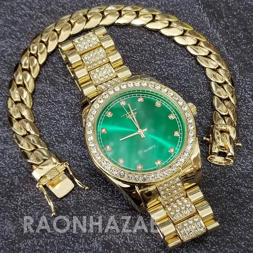 Raonhazae Hip Hop Iced Lab Diamond Drake 14K Gold Plated Watch with Miami Cuban Chain Set - GTX001