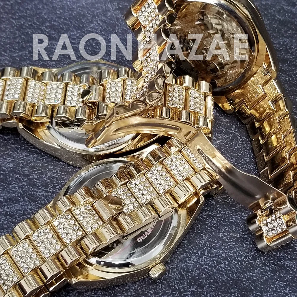 Raonhazae Hip Hop Iced Lab Diamond Drake 14K Gold Plated Watch with Miami Cuban Chain Set - GTX001