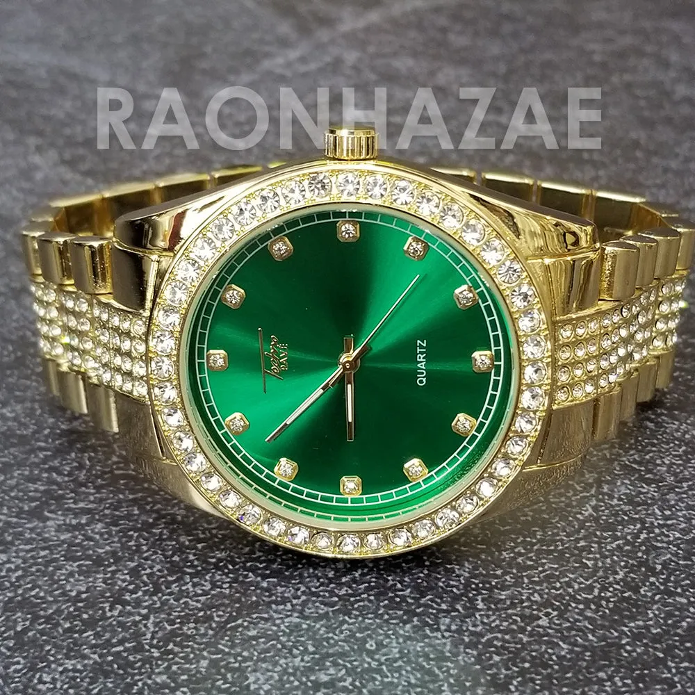Raonhazae Hip Hop Iced Lab Diamond Drake 14K Gold Plated Watch with Miami Cuban Chain Set - GTX001