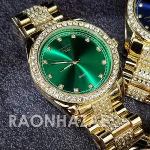Raonhazae Hip Hop Iced Lab Diamond Drake 14K Gold Plated Watch with Miami Cuban Chain Set - GTX001