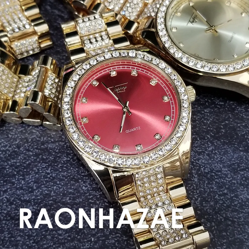 Raonhazae Hip Hop Iced Lab Diamond Red Face Drake 14K Gold Plated Watch with Miami Cuban Chain Set - GTX001