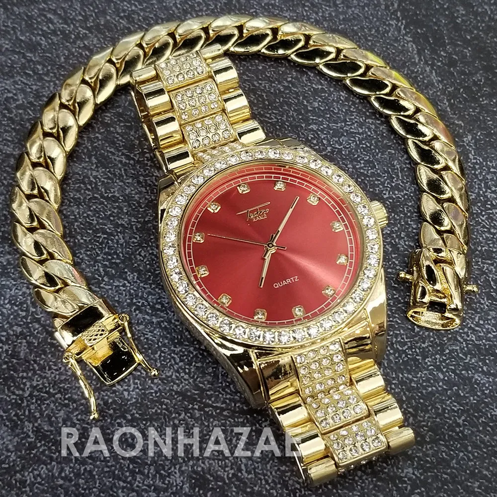 Raonhazae Hip Hop Iced Lab Diamond Red Face Drake 14K Gold Plated Watch with Miami Cuban Chain Set - GTX001
