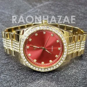 Raonhazae Hip Hop Iced Lab Diamond Red Face Drake 14K Gold Plated Watch with Miami Cuban Chain Set - GTX001