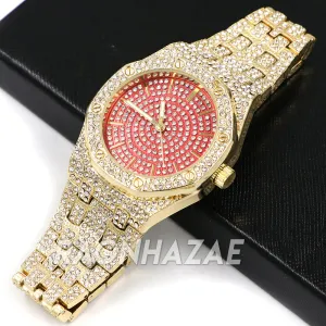 Raonhazae Men's Red/Gold Hip Hop Iced Bezel Lab Diamond Watch - G02