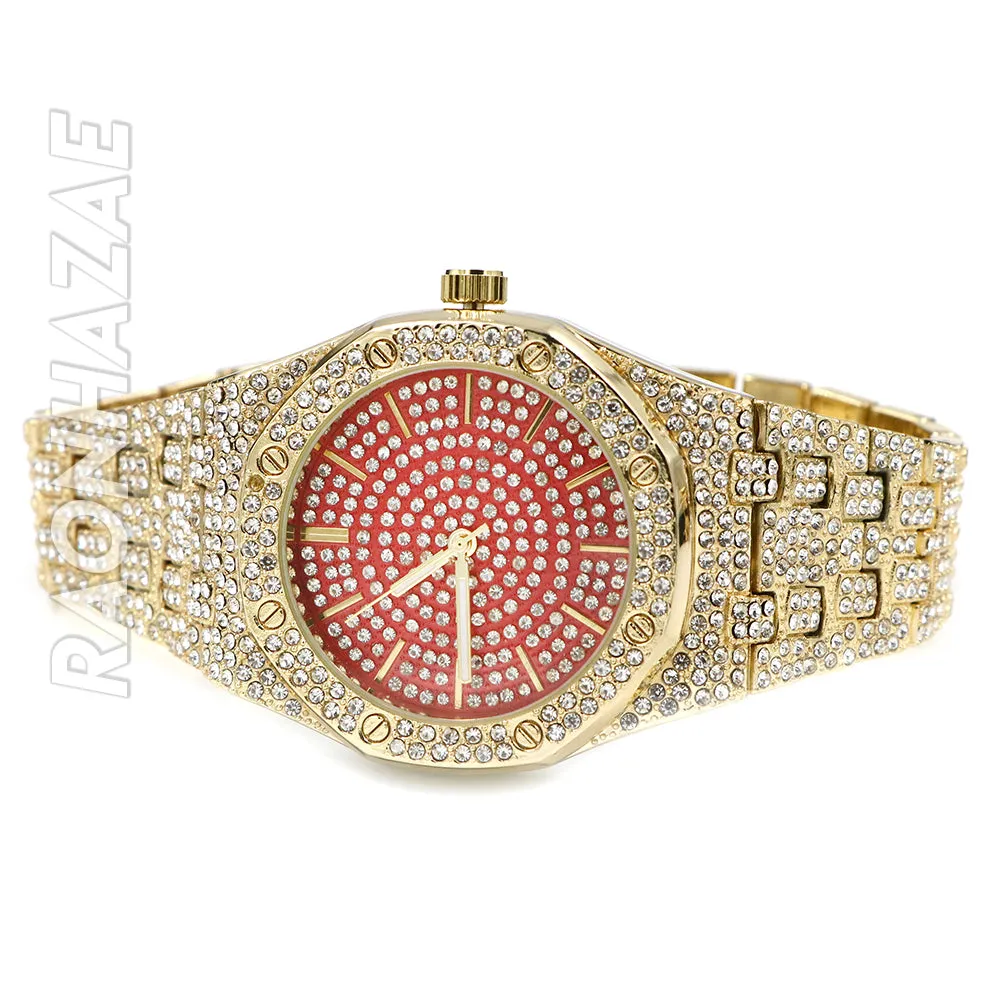 Raonhazae Men's Red/Gold Hip Hop Iced Bezel Lab Diamond Watch - G02