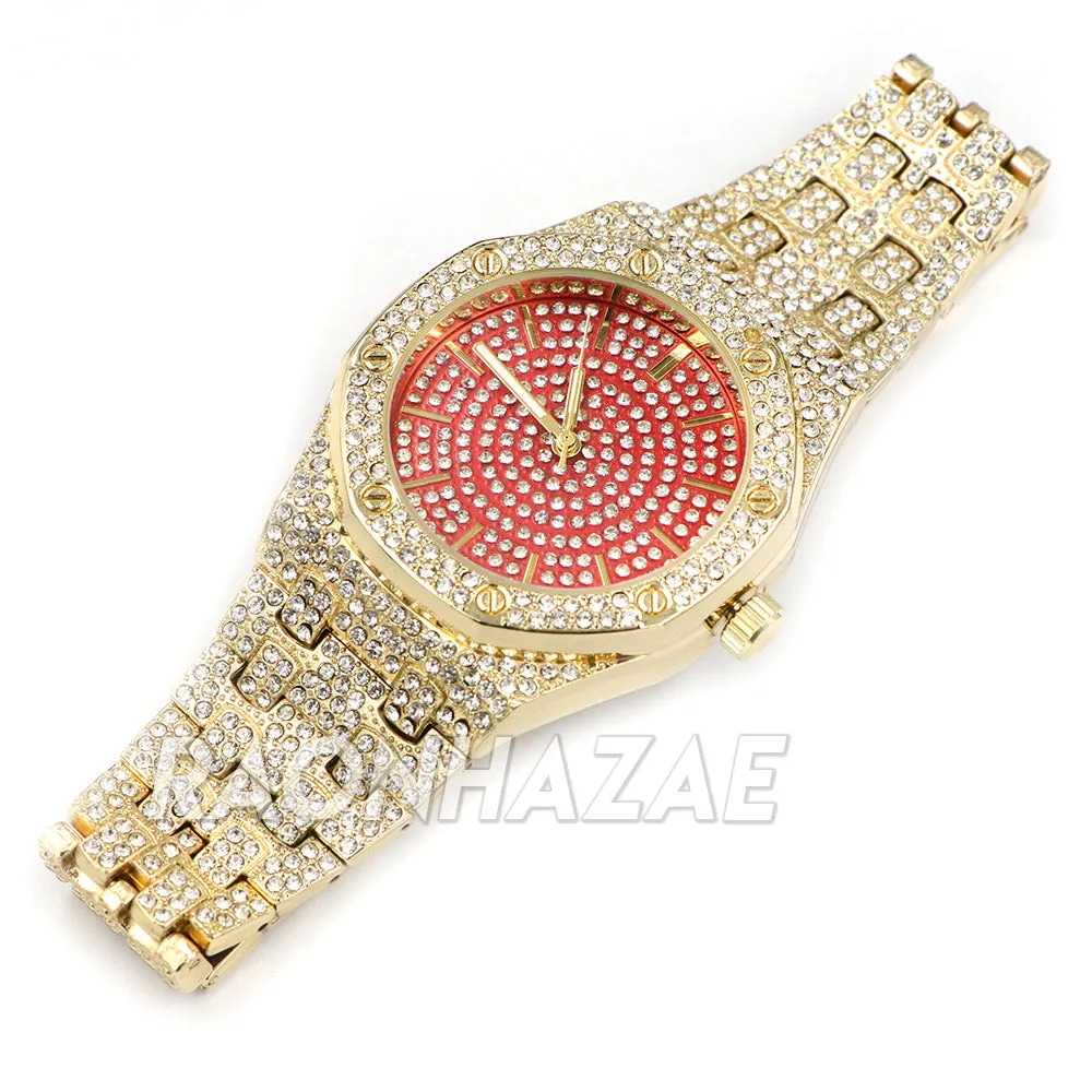 Raonhazae Men's Red/Gold Hip Hop Iced Bezel Lab Diamond Watch - G02