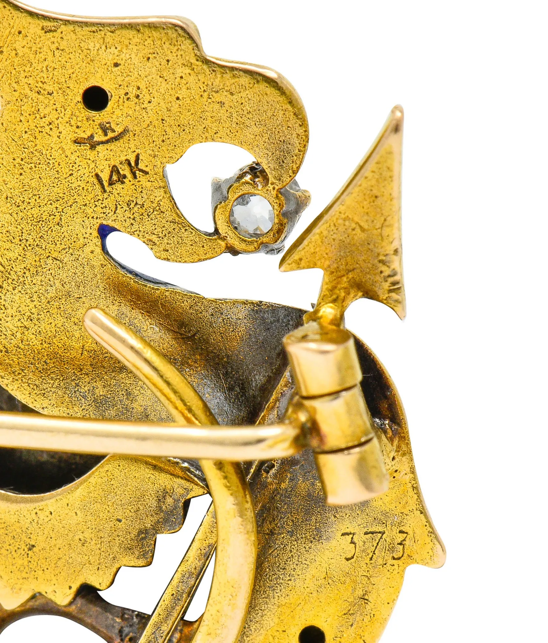 Riker Brothers Diamond Enamel Natural Freshwater Pearl 14 Karat Gold Dragon Basilisk Brooch