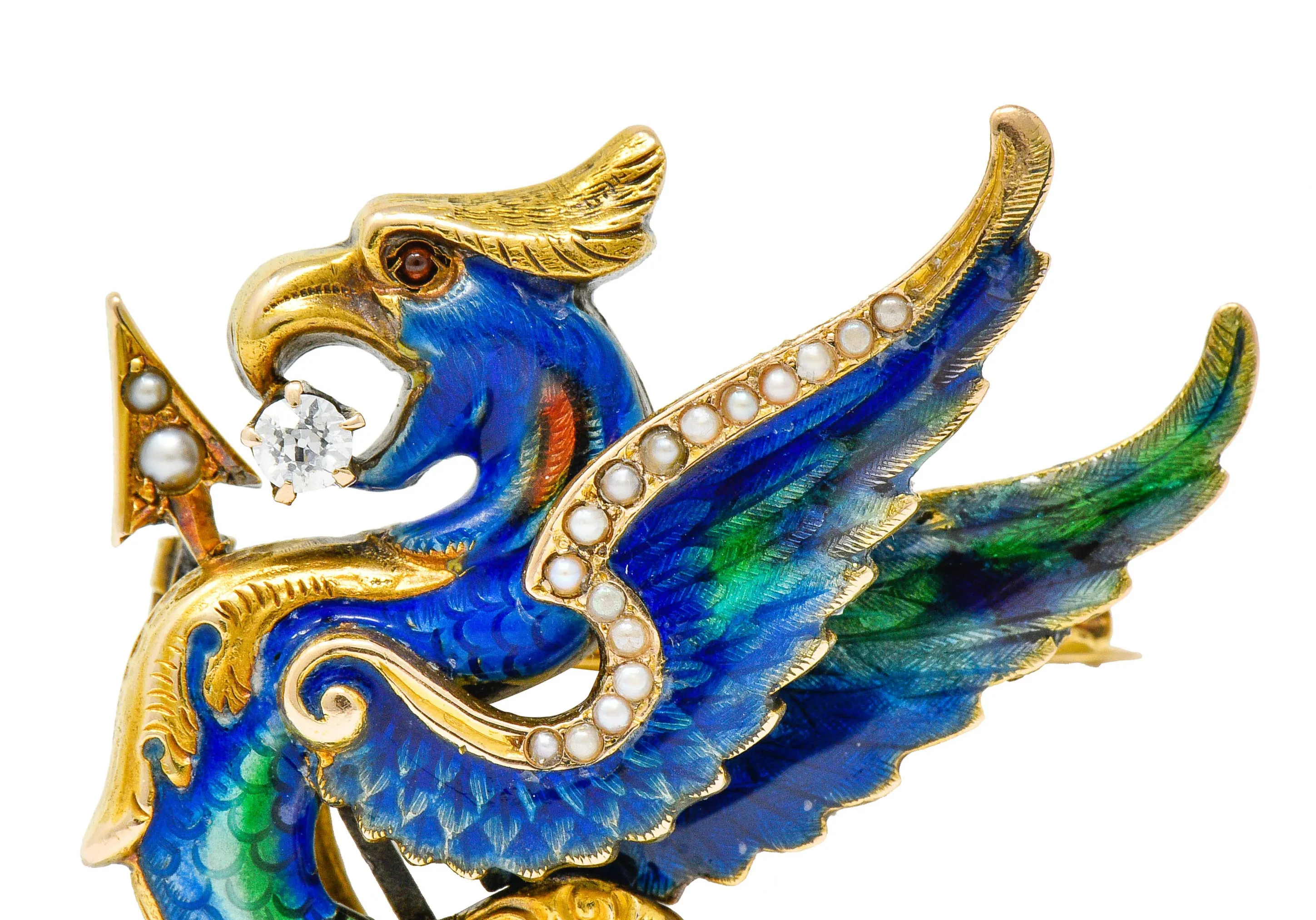 Riker Brothers Diamond Enamel Natural Freshwater Pearl 14 Karat Gold Dragon Basilisk Brooch