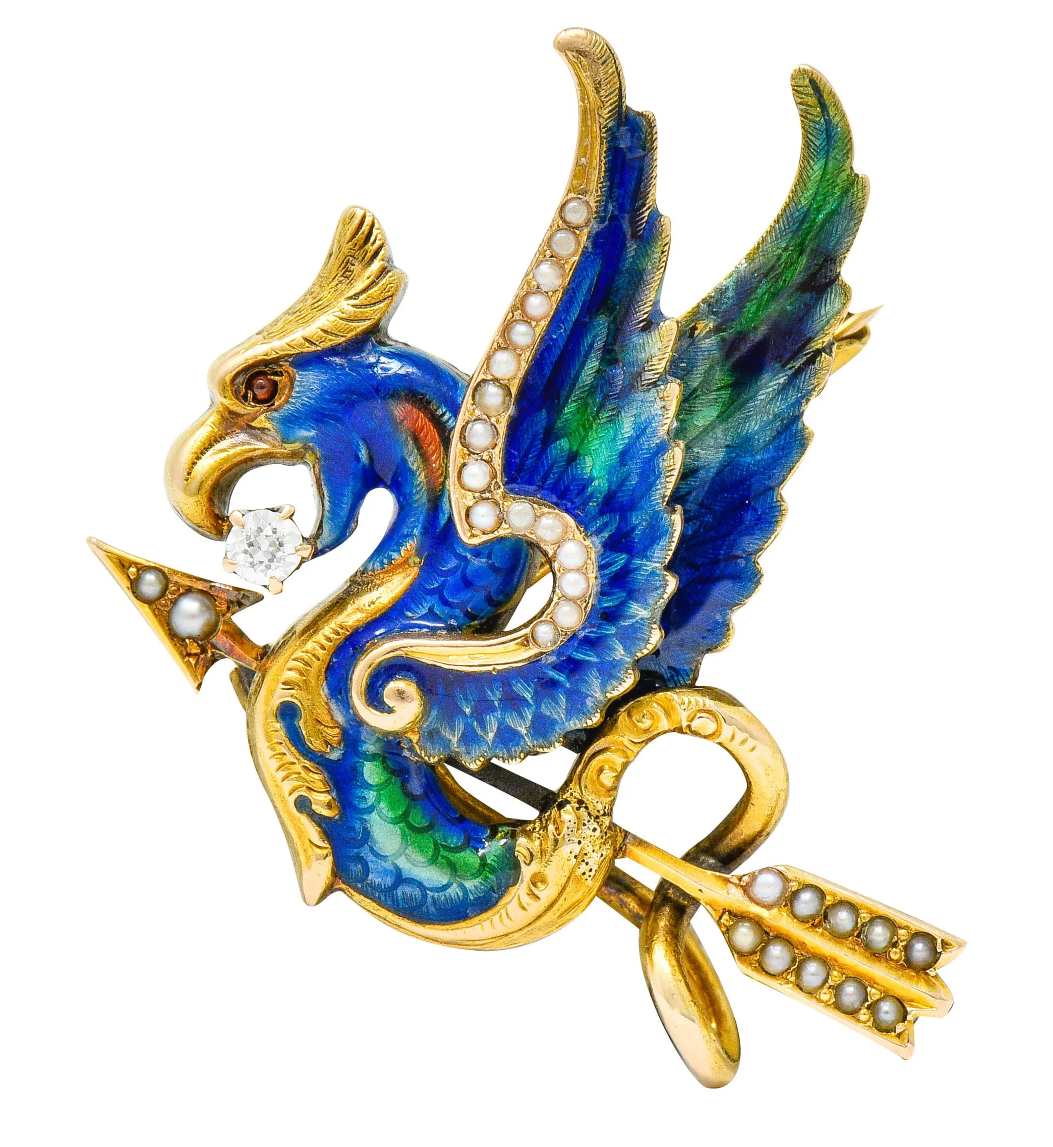 Riker Brothers Diamond Enamel Natural Freshwater Pearl 14 Karat Gold Dragon Basilisk Brooch