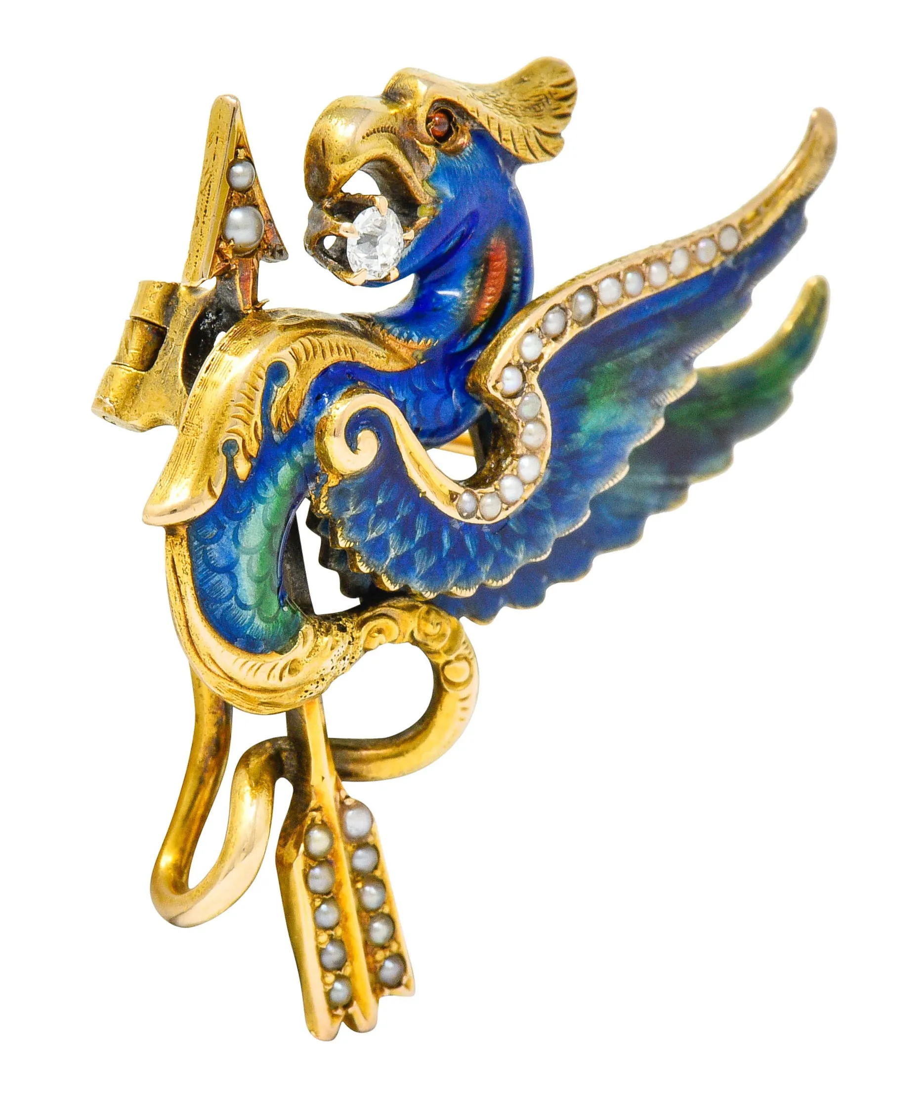 Riker Brothers Diamond Enamel Natural Freshwater Pearl 14 Karat Gold Dragon Basilisk Brooch