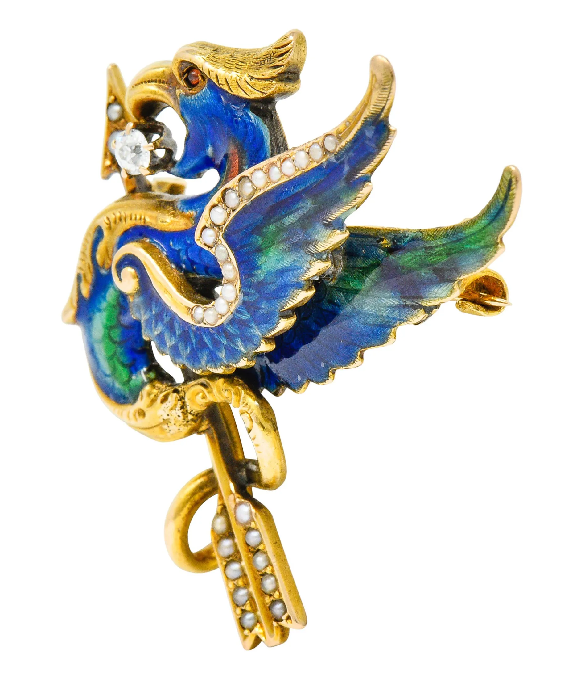 Riker Brothers Diamond Enamel Natural Freshwater Pearl 14 Karat Gold Dragon Basilisk Brooch