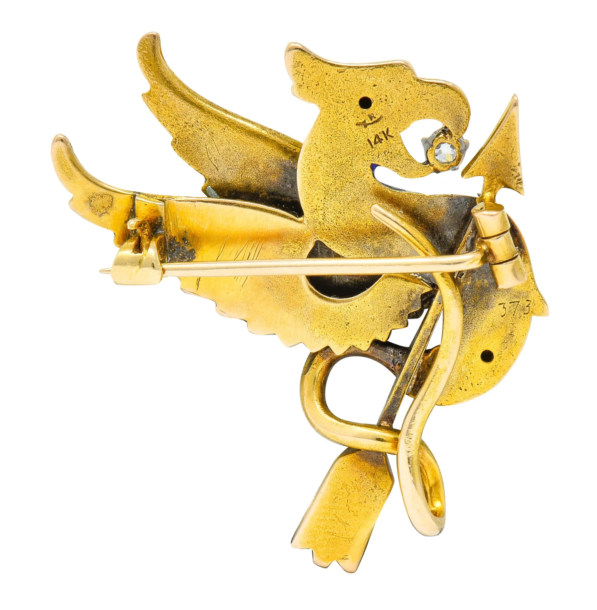 Riker Brothers Diamond Enamel Natural Freshwater Pearl 14 Karat Gold Dragon Basilisk Brooch