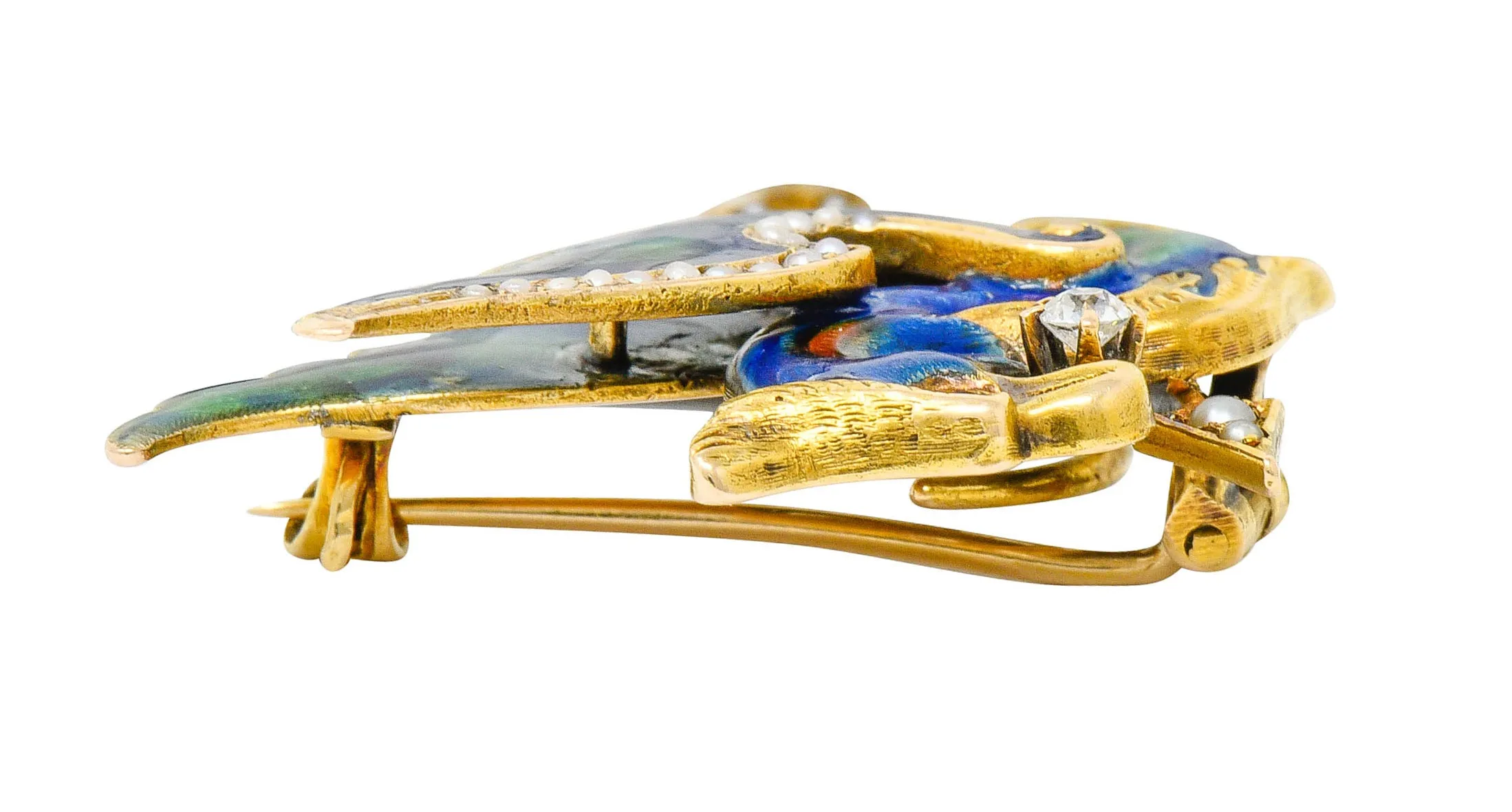 Riker Brothers Diamond Enamel Natural Freshwater Pearl 14 Karat Gold Dragon Basilisk Brooch