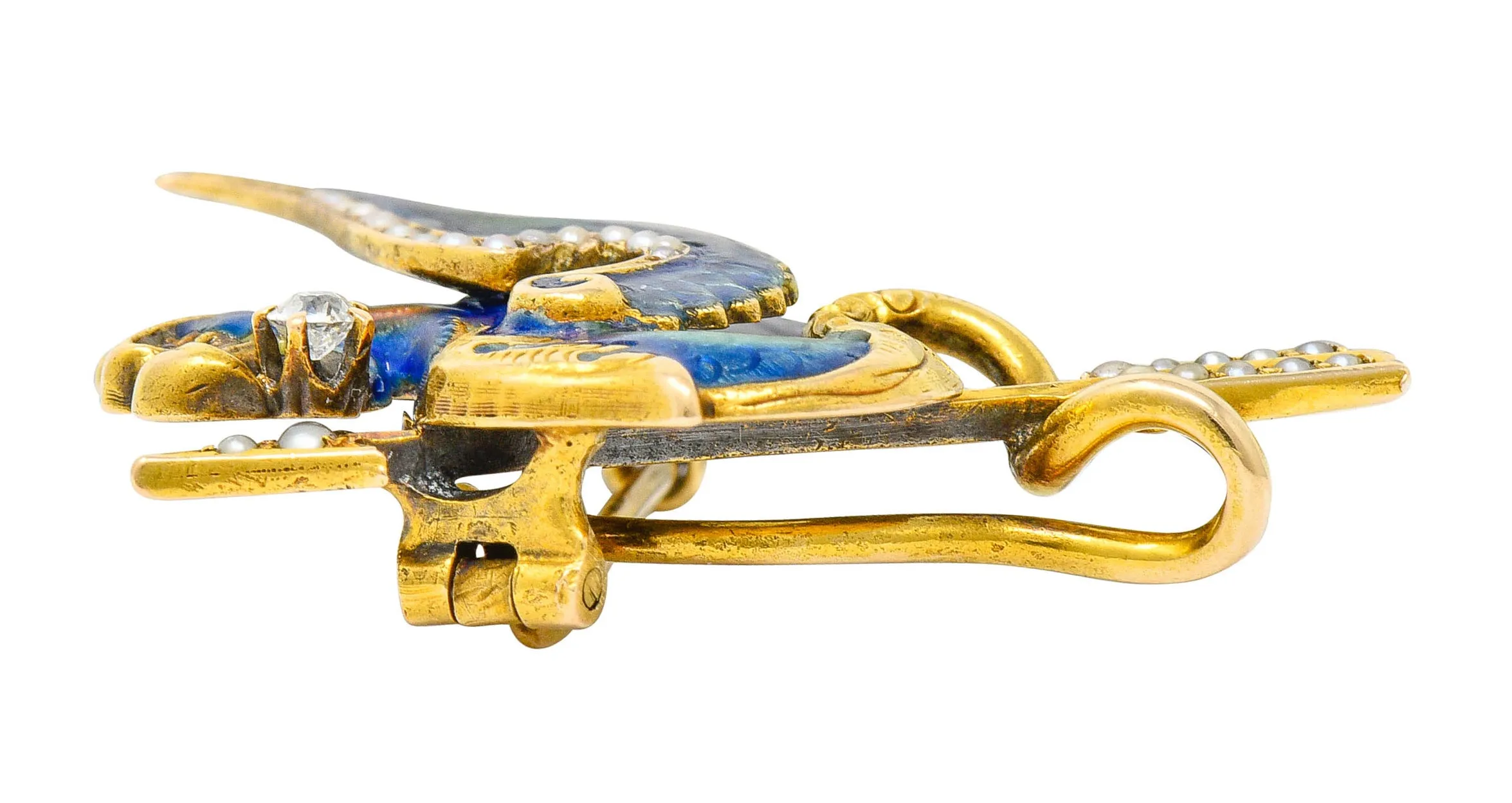 Riker Brothers Diamond Enamel Natural Freshwater Pearl 14 Karat Gold Dragon Basilisk Brooch