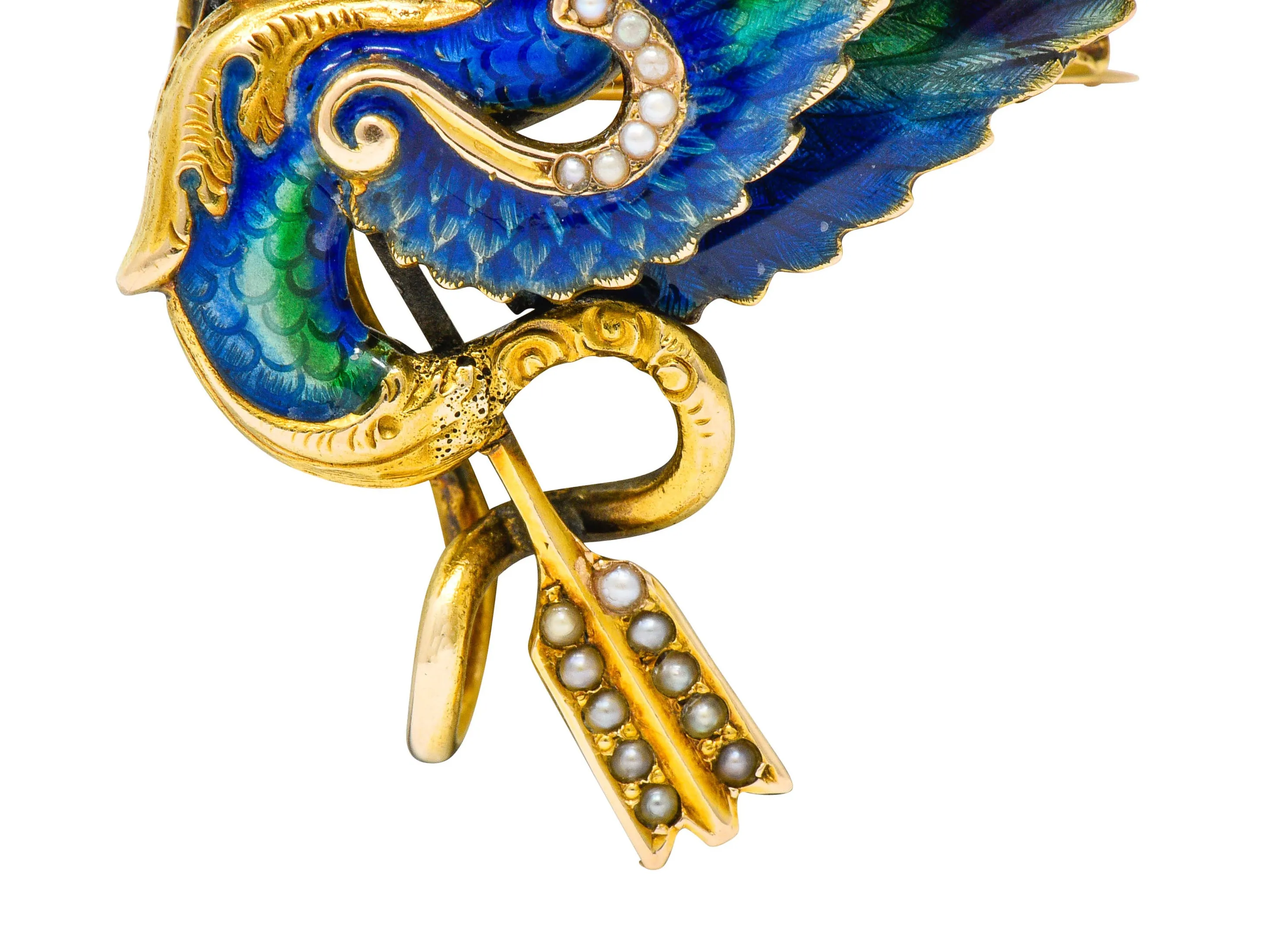 Riker Brothers Diamond Enamel Natural Freshwater Pearl 14 Karat Gold Dragon Basilisk Brooch