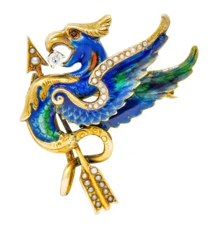 Riker Brothers Diamond Enamel Natural Freshwater Pearl 14 Karat Gold Dragon Basilisk Brooch