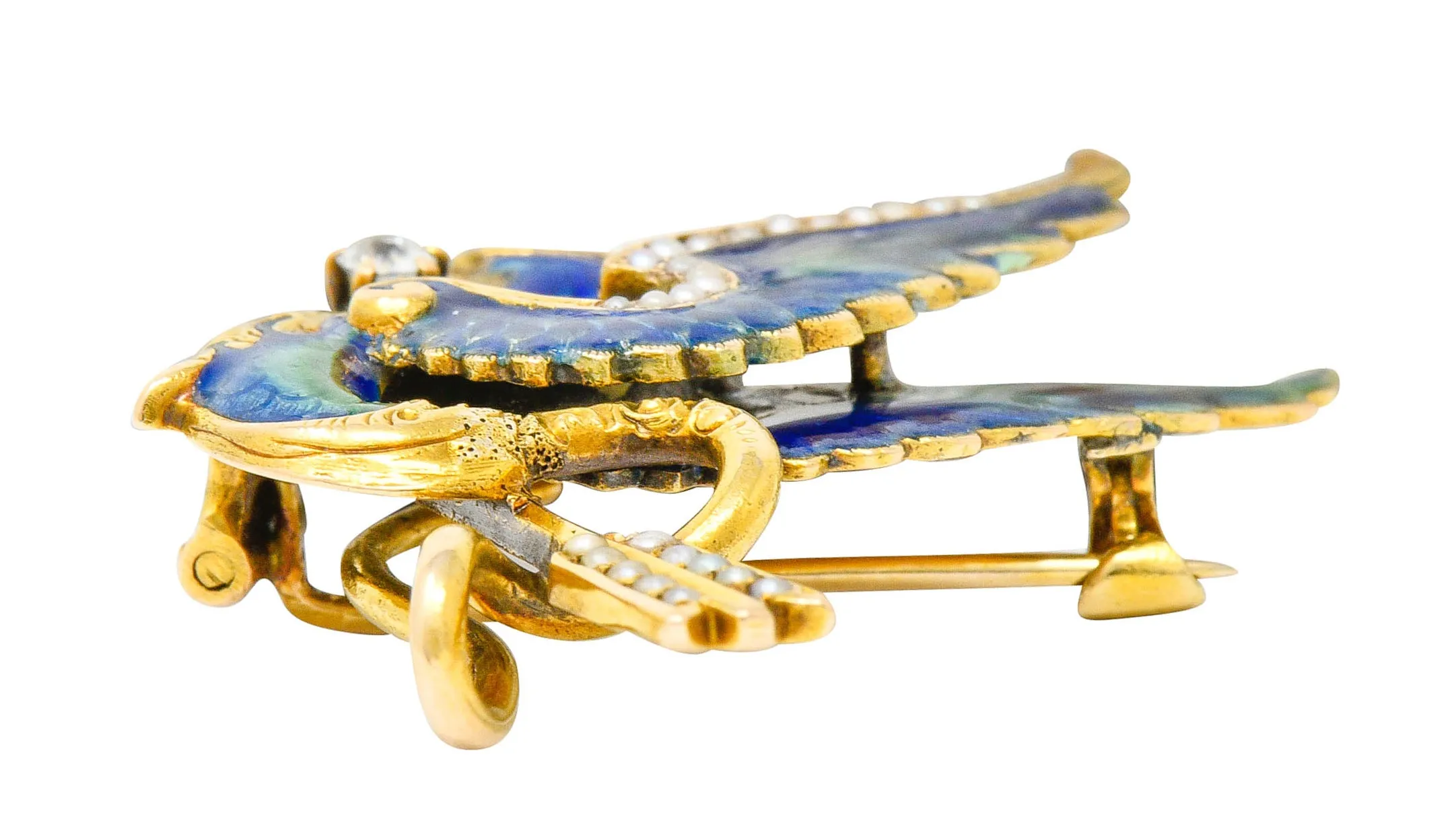 Riker Brothers Diamond Enamel Natural Freshwater Pearl 14 Karat Gold Dragon Basilisk Brooch