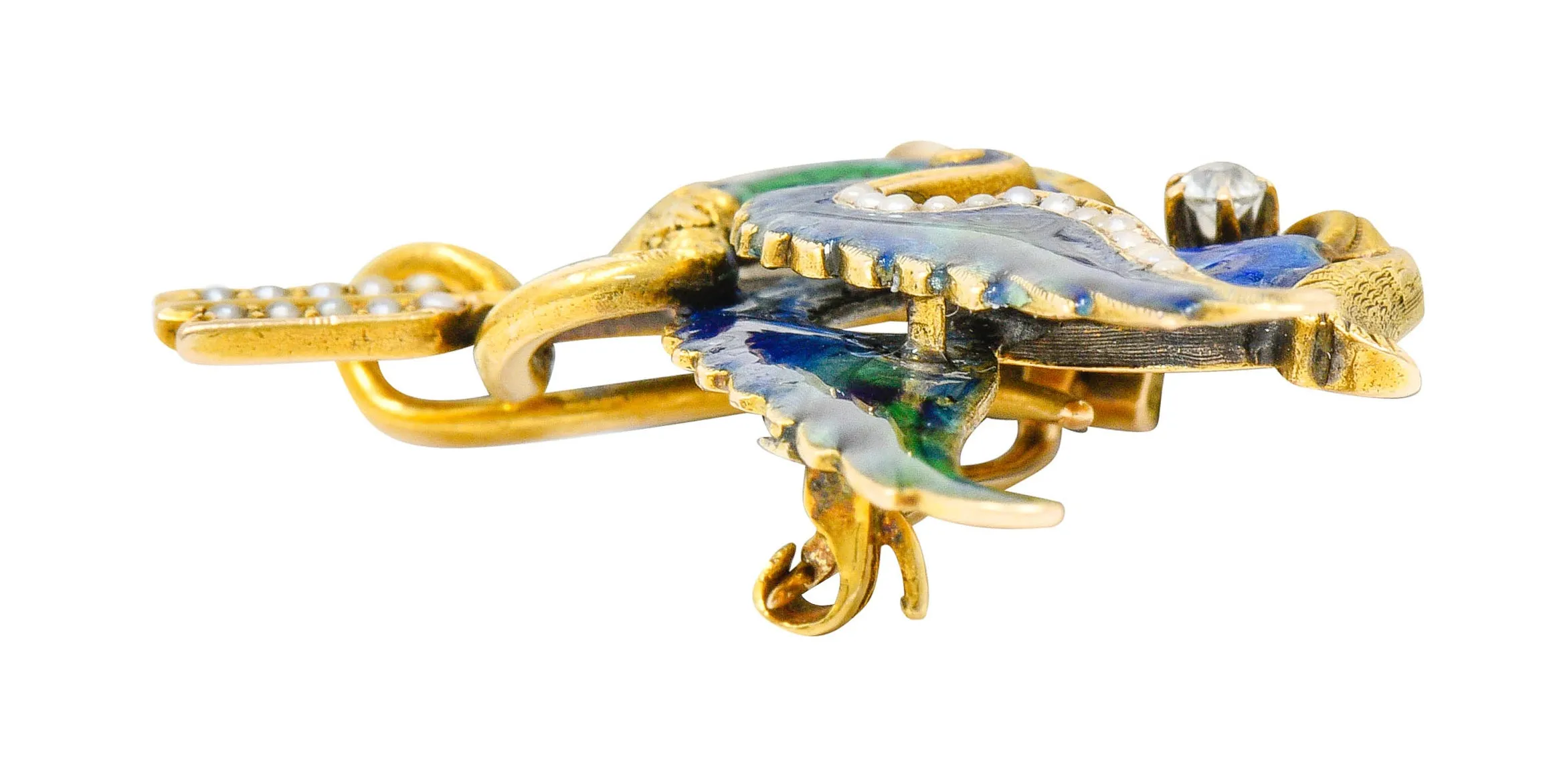 Riker Brothers Diamond Enamel Natural Freshwater Pearl 14 Karat Gold Dragon Basilisk Brooch