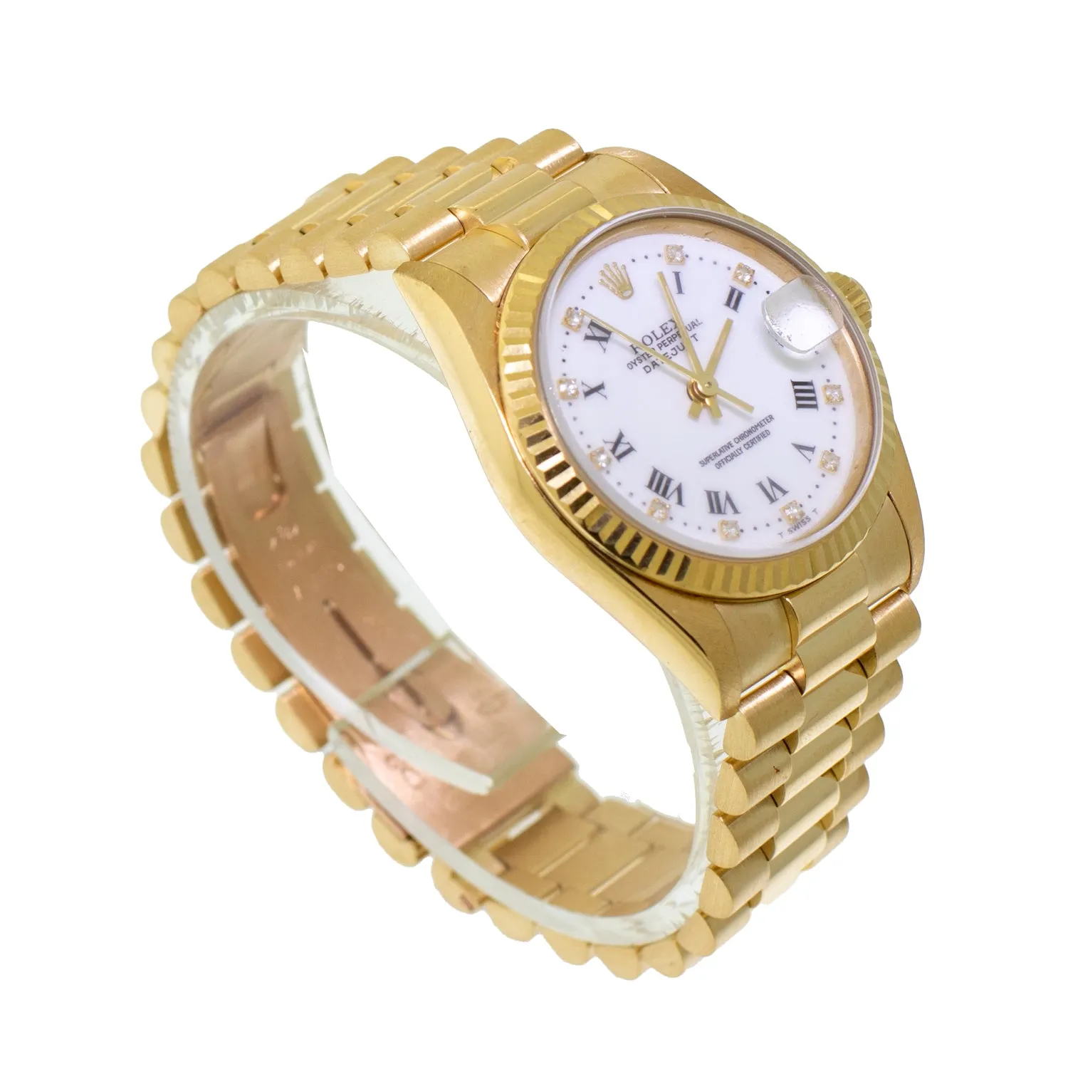 Rolex Datejust 31mm Yellow Gold White Roman/Diamond Dial & Fluted Bezel 68278