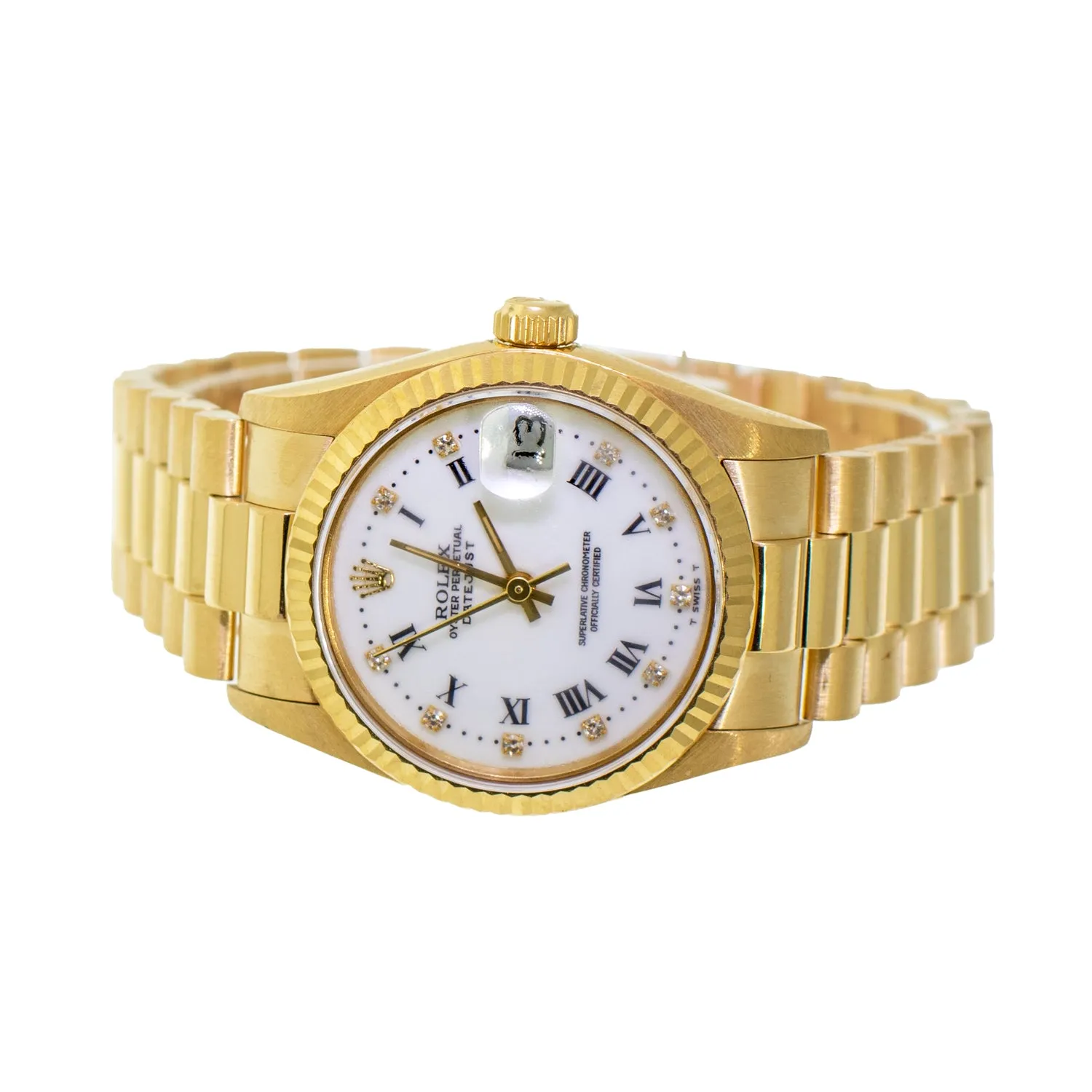 Rolex Datejust 31mm Yellow Gold White Roman/Diamond Dial & Fluted Bezel 68278