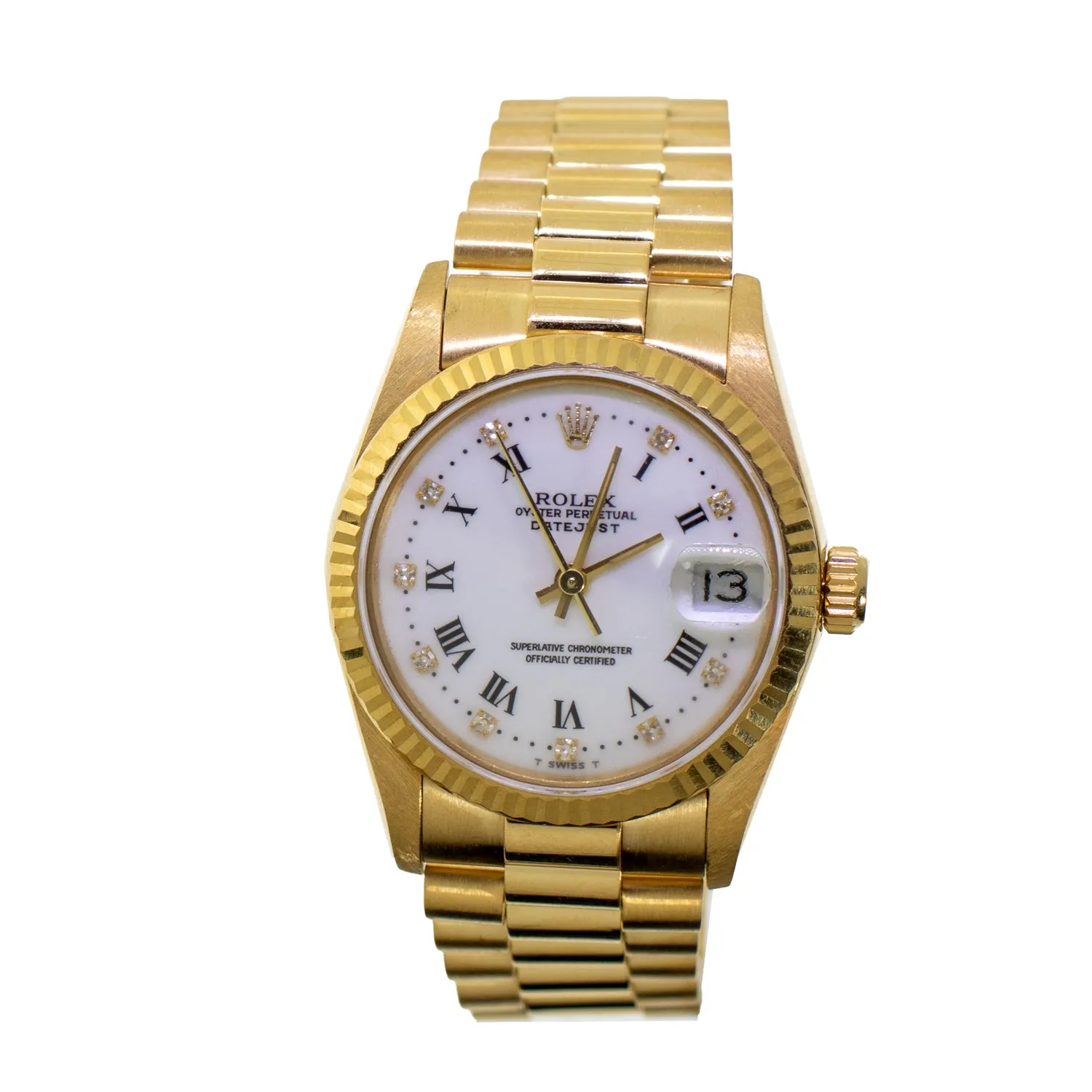 Rolex Datejust 31mm Yellow Gold White Roman/Diamond Dial & Fluted Bezel 68278