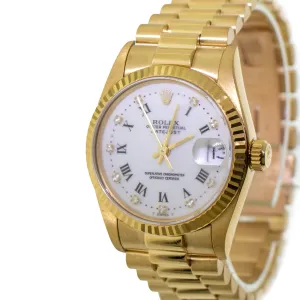 Rolex Datejust 31mm Yellow Gold White Roman/Diamond Dial & Fluted Bezel 68278