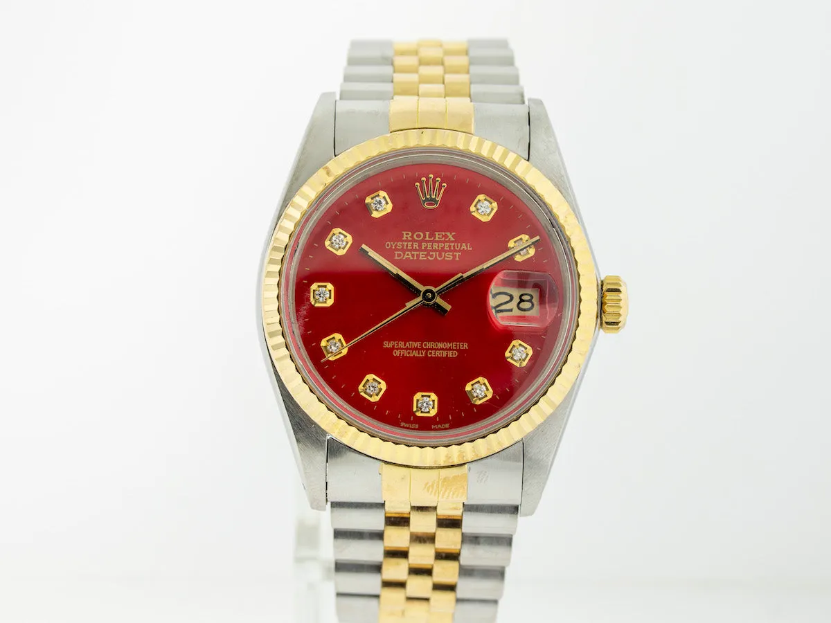 Rolex Datejust 36mm Yellow Gold & Steel Red Diamond Dial & Fluted Bezel 16013