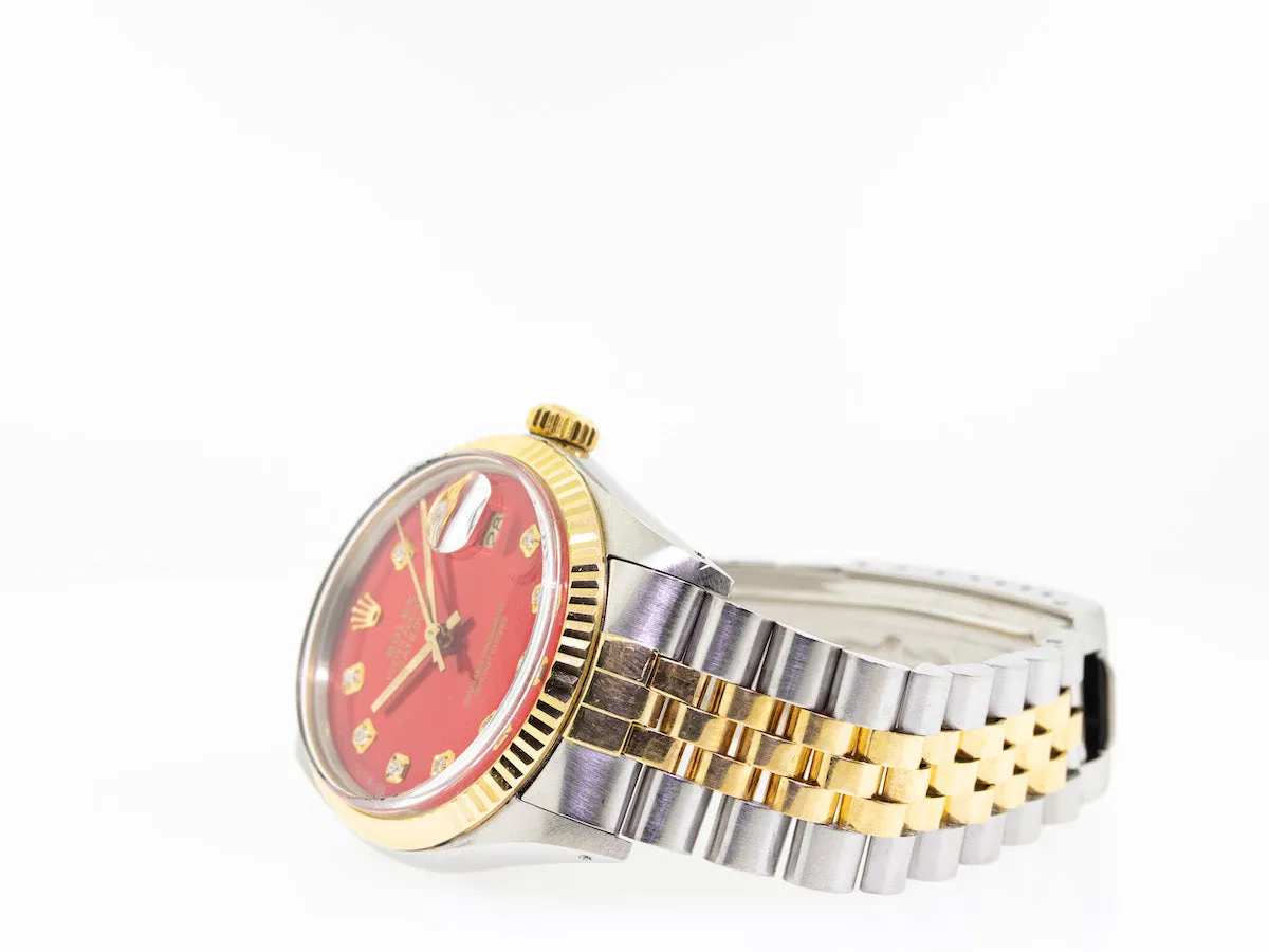 Rolex Datejust 36mm Yellow Gold & Steel Red Diamond Dial & Fluted Bezel 16013