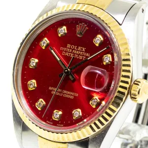 Rolex Datejust 36mm Yellow Gold & Steel Red Diamond Dial & Fluted Bezel 16013