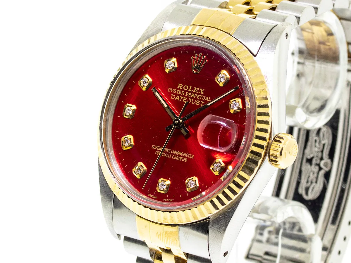 Rolex Datejust 36mm Yellow Gold & Steel Red Diamond Dial & Fluted Bezel 16013