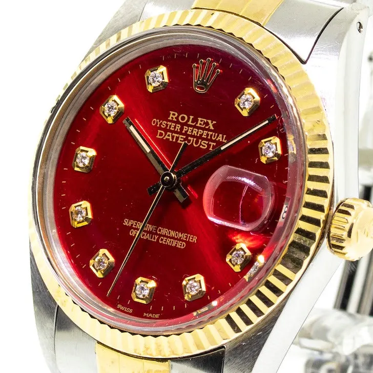 Rolex Datejust 36mm Yellow Gold & Steel Red Diamond Dial & Fluted Bezel 16013