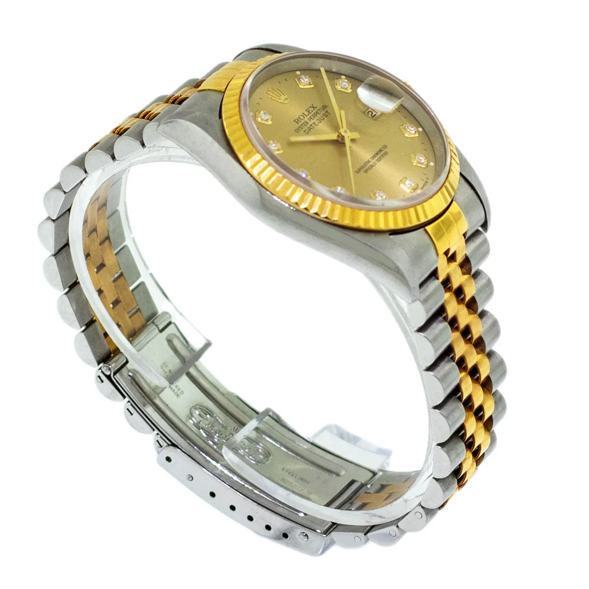 Rolex Datejust 36mm Yellow Gold Steel Champagne Diamond Dial Fluted Bezel 16233