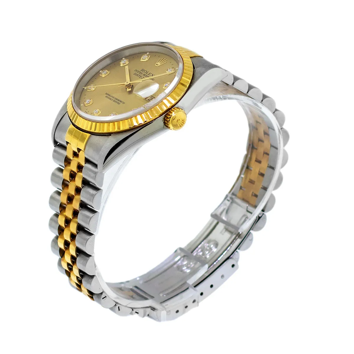 Rolex Datejust 36mm Yellow Gold Steel Champagne Diamond Dial Fluted Bezel 16233