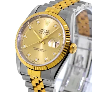 Rolex Datejust 36mm Yellow Gold Steel Champagne Diamond Dial Fluted Bezel 16233