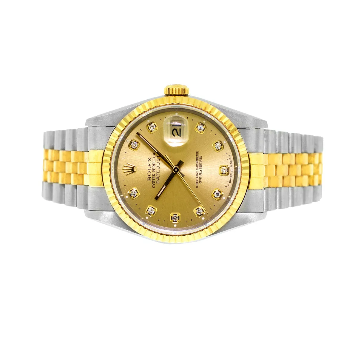 Rolex Datejust 36mm Yellow Gold Steel Champagne Diamond Dial Fluted Bezel 16233