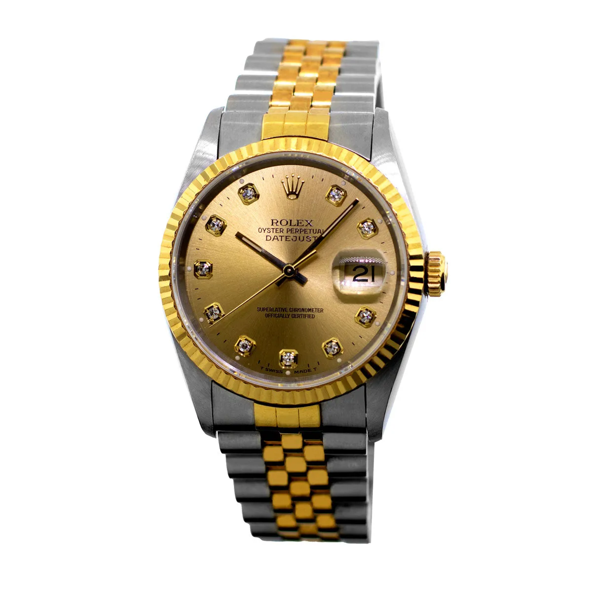 Rolex Datejust 36mm Yellow Gold Steel Champagne Diamond Dial Fluted Bezel 16233