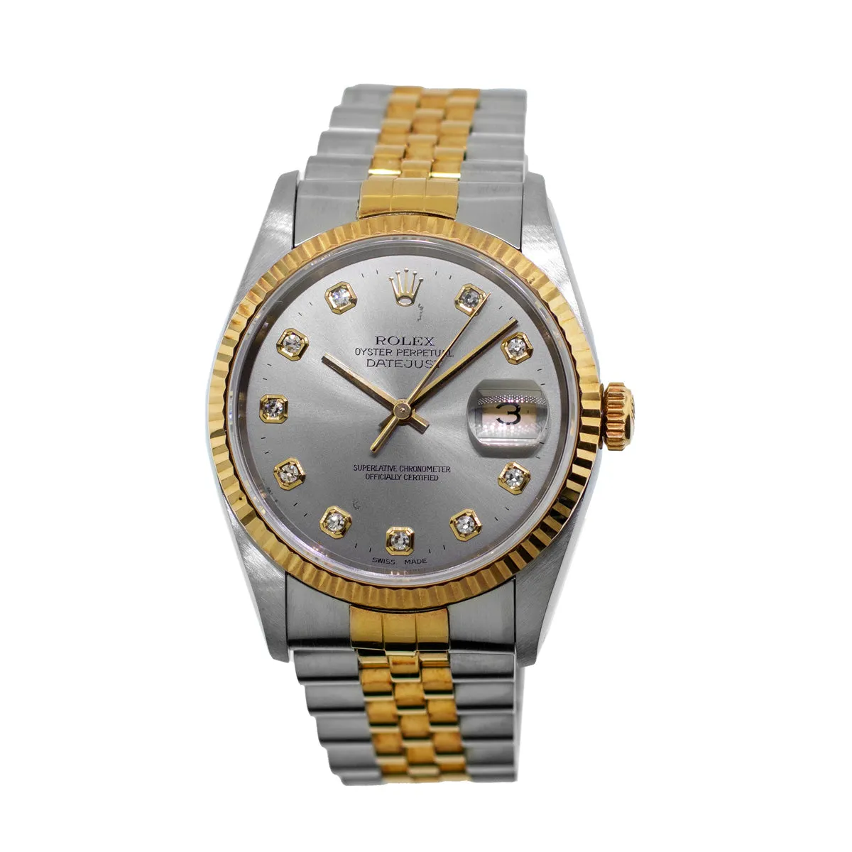 Rolex Datejust 36mm Yellow Gold Steel Rhodium Diamond Dial Fluted Bezel 16233