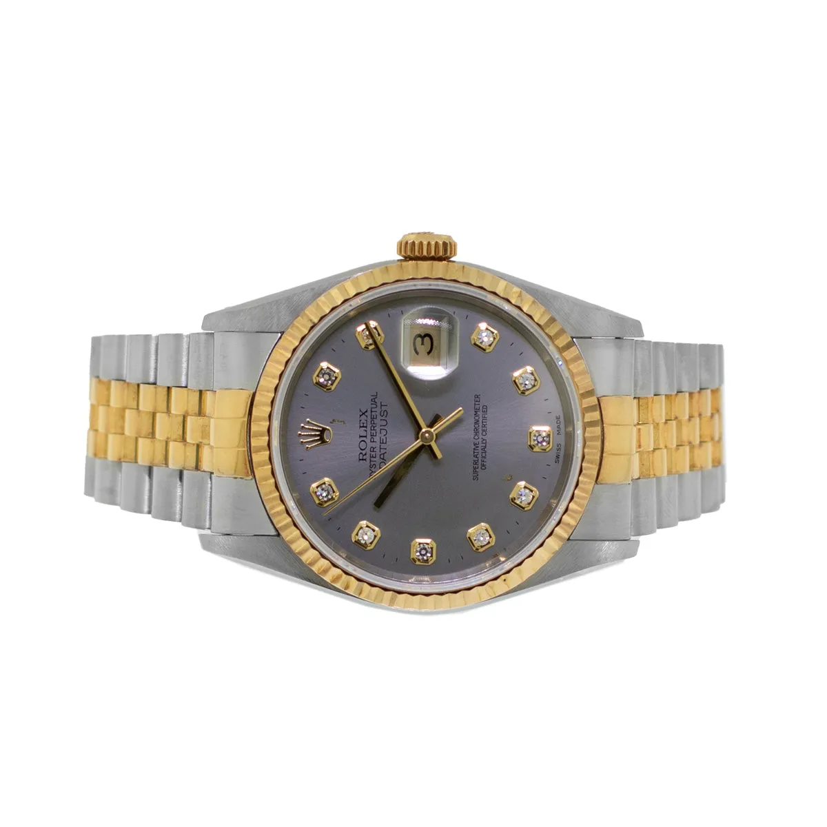 Rolex Datejust 36mm Yellow Gold Steel Rhodium Diamond Dial Fluted Bezel 16233