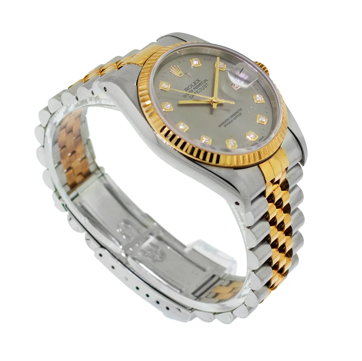 Rolex Datejust 36mm Yellow Gold Steel Rhodium Diamond Dial Fluted Bezel 16233