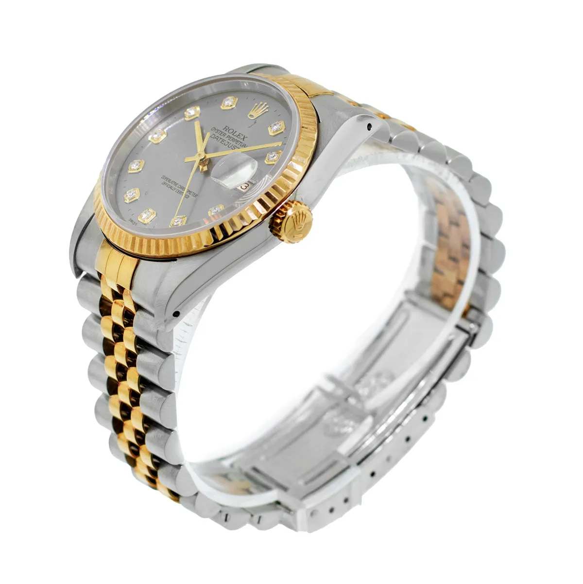 Rolex Datejust 36mm Yellow Gold Steel Rhodium Diamond Dial Fluted Bezel 16233