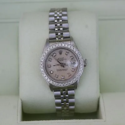 ROLEX  DATEJUST LADIES STEEL DIAMOND SILVER TAPESTRY DIAL DIAMOND BEZEL