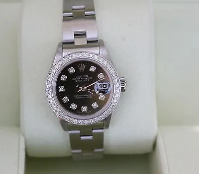 ROLEX DATEJUST LADIES WATCH STEEL BLACK DIAMOND DIAL BEZEL LATE 69160