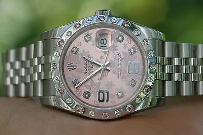 ROLEX DATEJUST MENS LADIES 36mm STEEL 116200 DIAMOND BEZEL CUSTOM FLORAL UNWORN