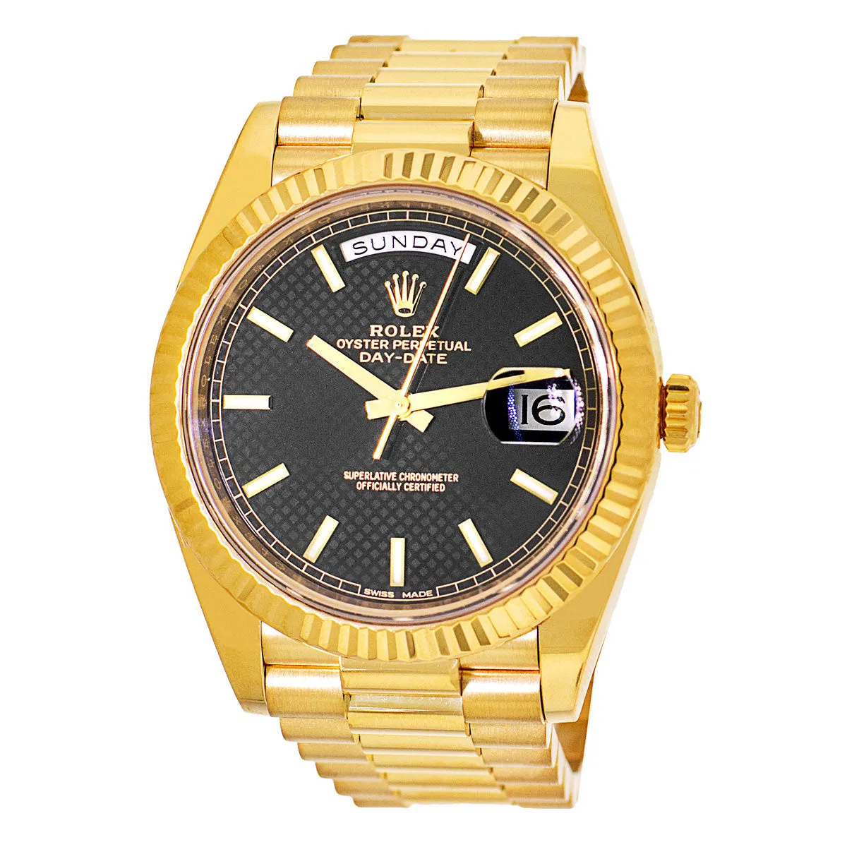 Rolex Day-Date 40mm Yellow Gold Black Diagonal Motif Index Dial & Fluted Bezel 228238